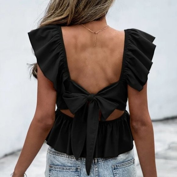 . Tops - Black Contemporary minimalist Ruffle Sleeve Peplum Tie Back Blouse